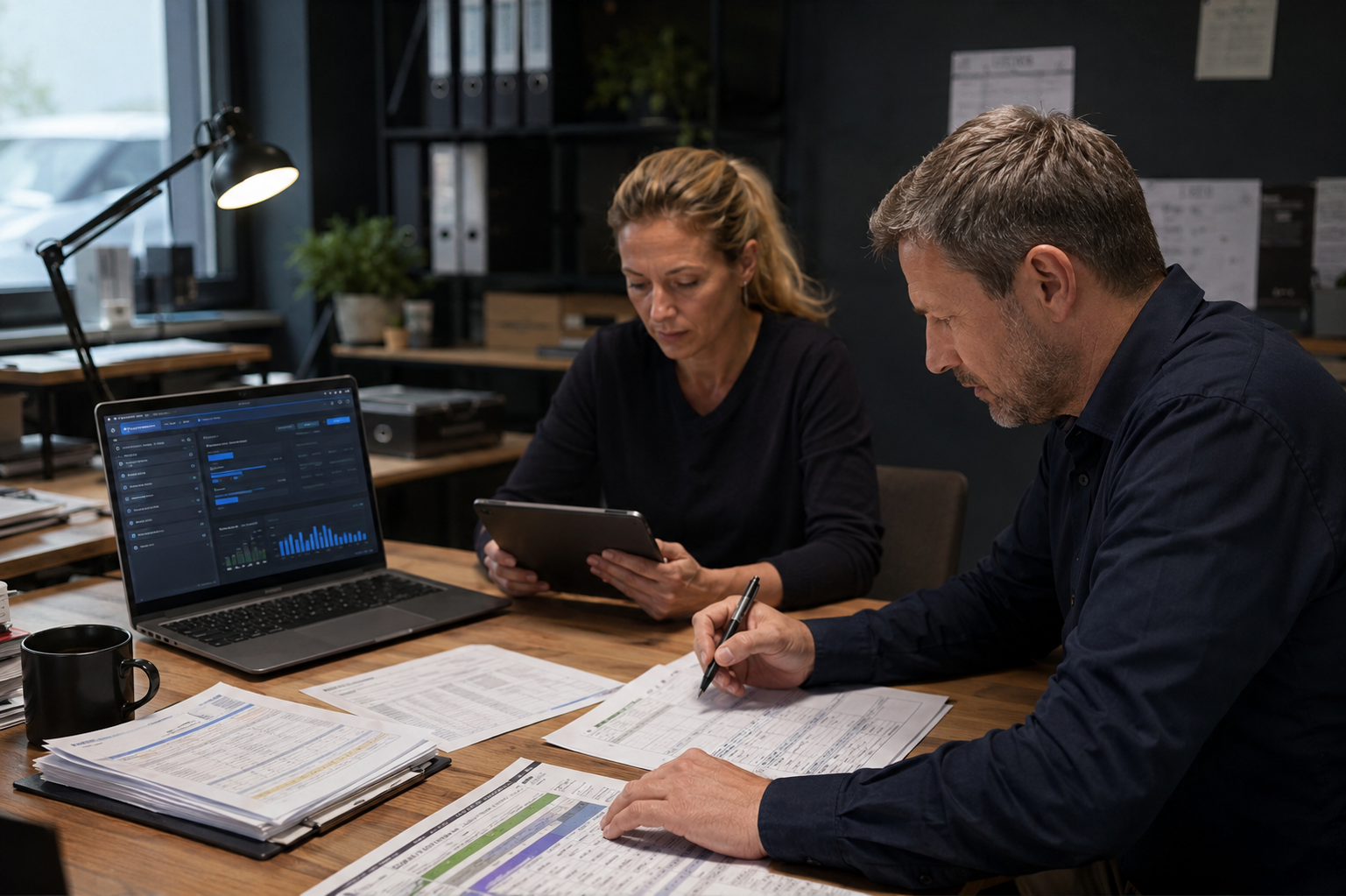 Mittelständischer Betrieb im Backoffice mit Laptop, Tablet, Papierprozessen und individueller Business-Software