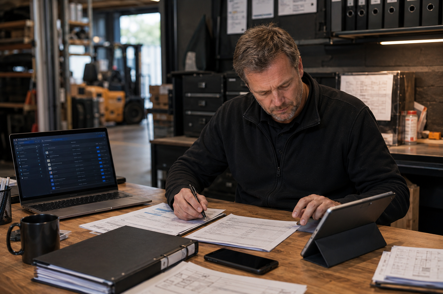 Mittelständischer Werkstatt- und Lagerbetrieb mit Laptop, Tablet, Formularen und digitalisiertem Prozess
