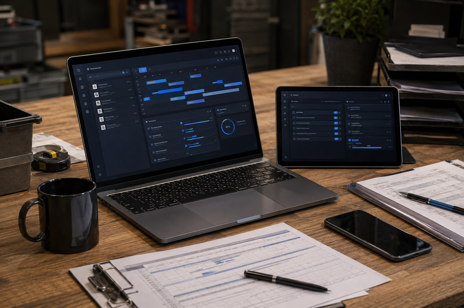 Custom Business-Software auf Laptop und Tablet für Dienstplanung, Aufgaben, Checklisten und Prozessstatus